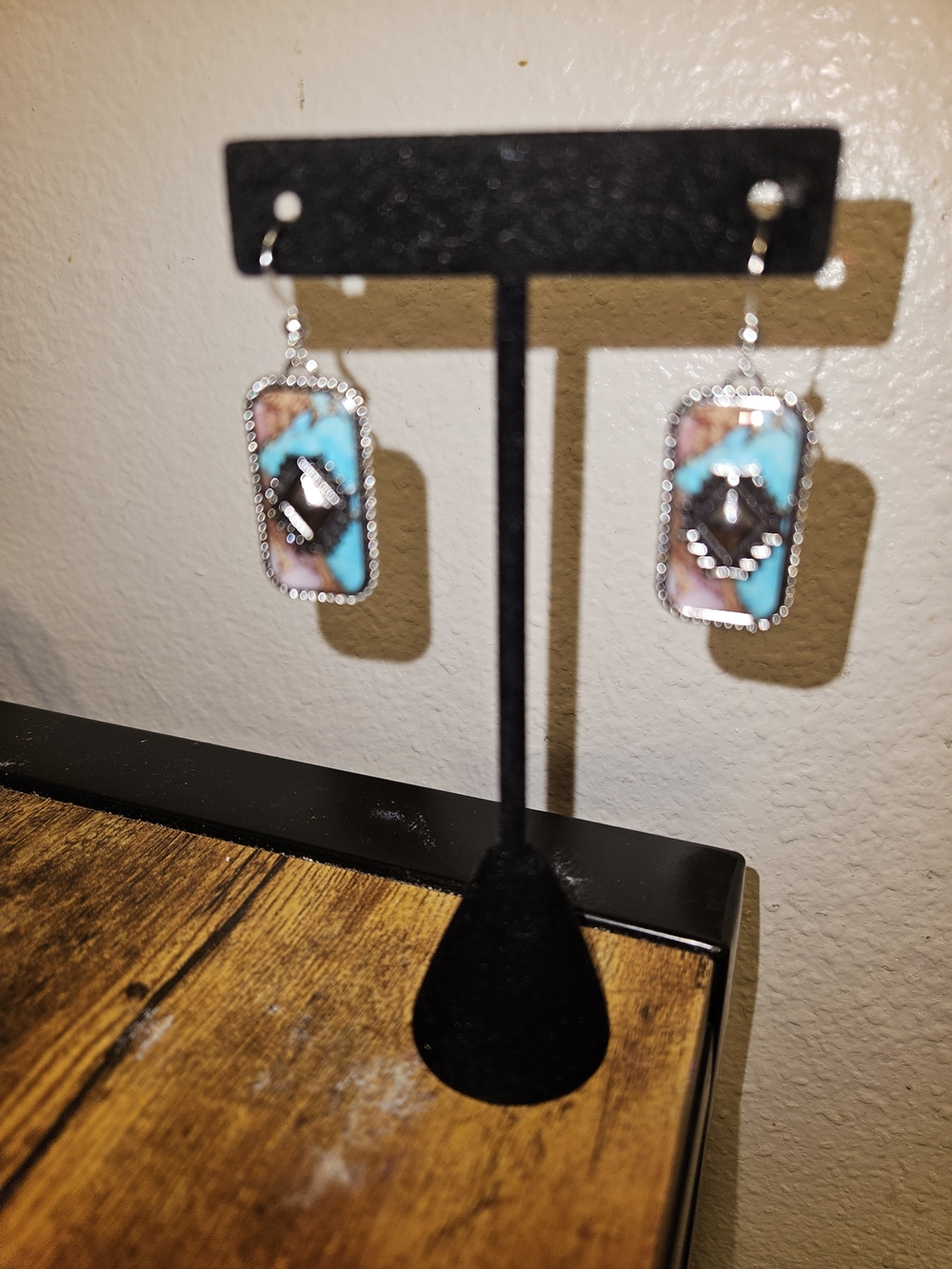 Silver-Trim Turquoise and Brown Rectangle Drop Earrings